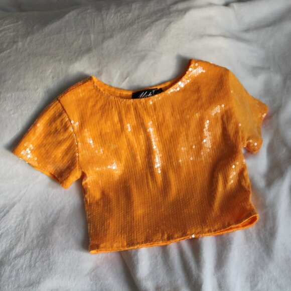 Motel Orange Sequin Cropped Tee (S) - Picture 4 of 4